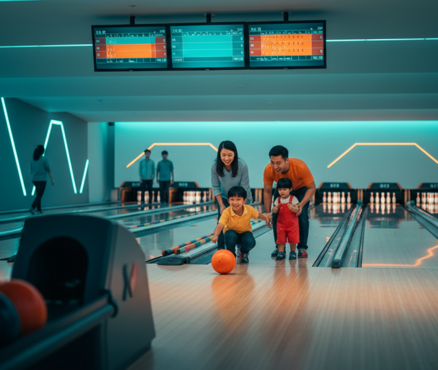 Cheerful Asian family bowling in a modern Singapore alley, vibrant colors, energetic mood.