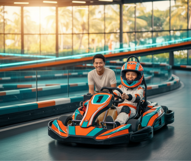 Child in orange helmet go-karting indoors, parent watching, Singapore backdrop.