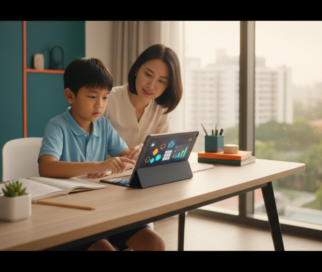 Child in Singapore studies math on tablet with parent support, warm home setting, skyline view.