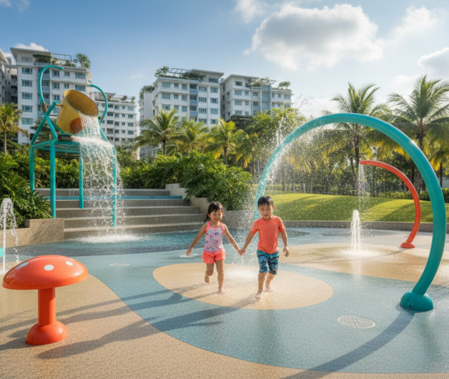 Children playing in a sunny Singapore water playground with colorful splash pad and lush greenery.