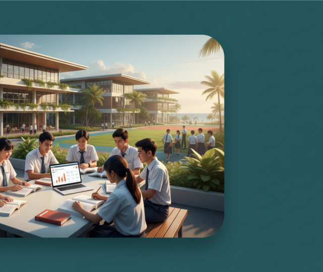 Diverse students study outdoors at a modern Singapore campus during golden hour, with tropical greenery and coastal ambiance.