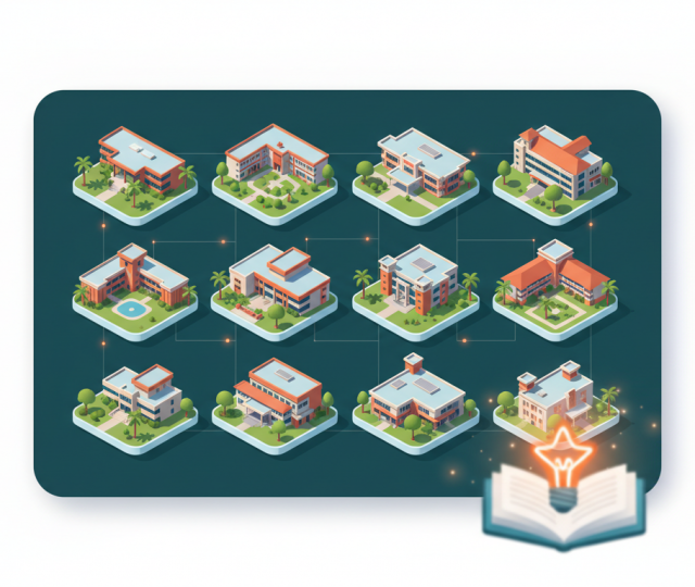 Isometric view of nine Singapore school icons in a grid, with glowing connections, book and star motifs.