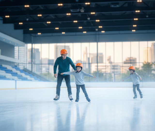 Joyful family ice skating in a modern indoor rink, Singapore skyline visible, warm and safe atmosphere.