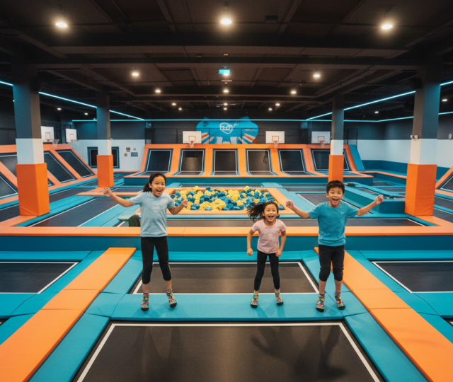 Joyful family leaping on trampolines in vibrant Singapore indoor park.