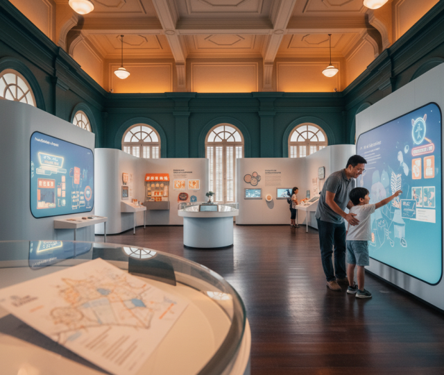 Parent and child explore vibrant museum exhibit in restored colonial building, Singapore.