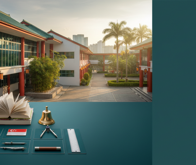 Prestigious Singapore school at golden hour with Chinese accents, bamboo garden, and school symbols.