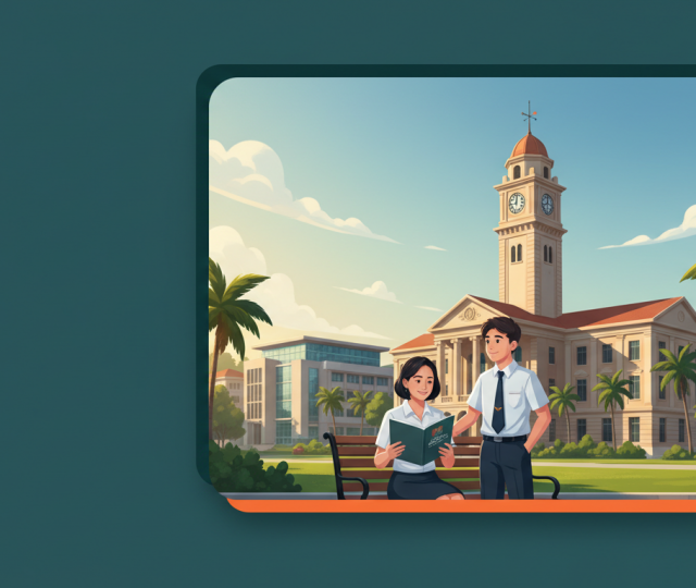 Prestigious Singapore school campus with neoclassical clock tower, parent and son on bench, lush greenery.