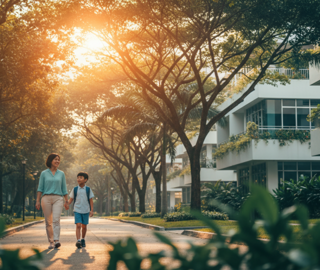 Singaporean mother and child walk toward school in lush Bukit Timah, warm morning light.
