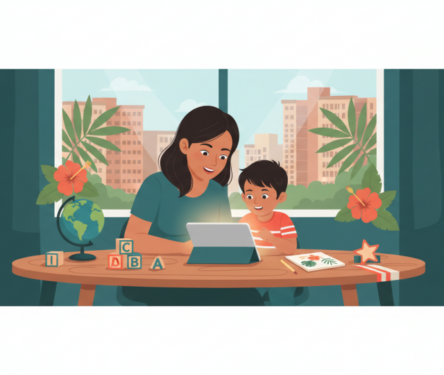 Southeast Asian mother and child learning from a tablet at a desk, Singapore skyline view.