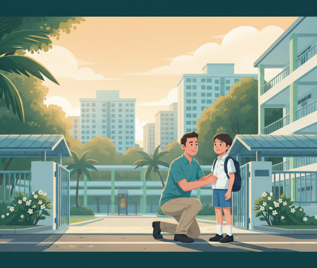 Southeast Asian parent and child outside modern Singapore school, warm morning light.