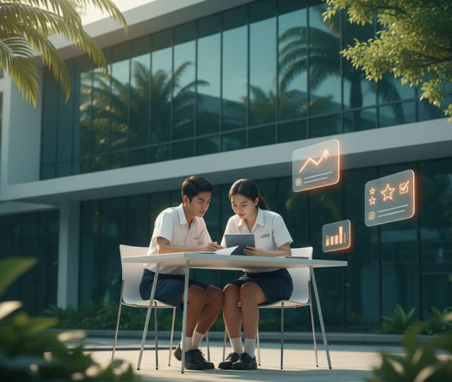 Students in school uniforms study at a modern Singaporean campus with UI card elements and tropical greenery.