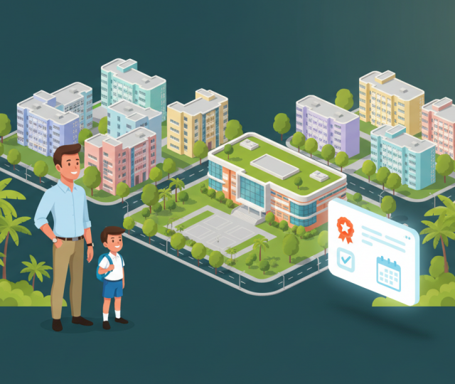 Stylized Singapore townscape with school, parent and child, digital panel, lush greenery; warm, optimistic mood.