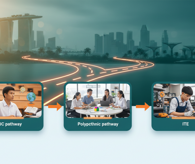Three-path diverging road with Singapore skyline in background; JC, Polytechnic, ITE pathways.