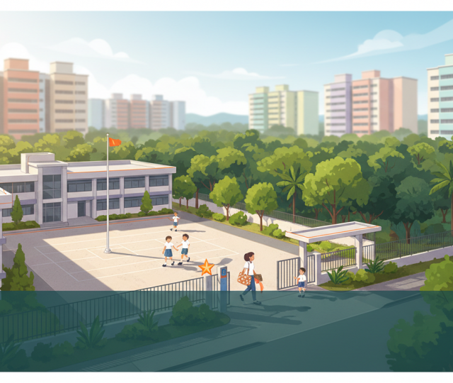 Warm aerial view of Hougang HDBs, school campus, children in uniforms, optimistic mood.