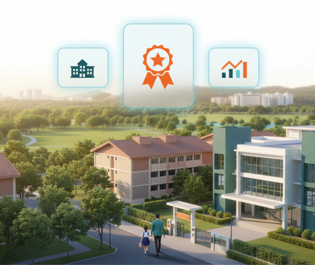 Warm aerial view of Singapore neighbourhood with parent and child near modern school.