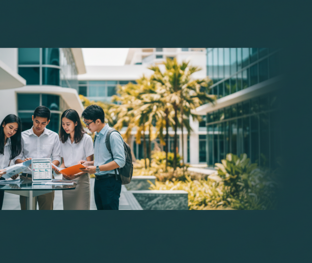 Young Singaporean students at a modern campus table, reviewing materials in bright daylight.