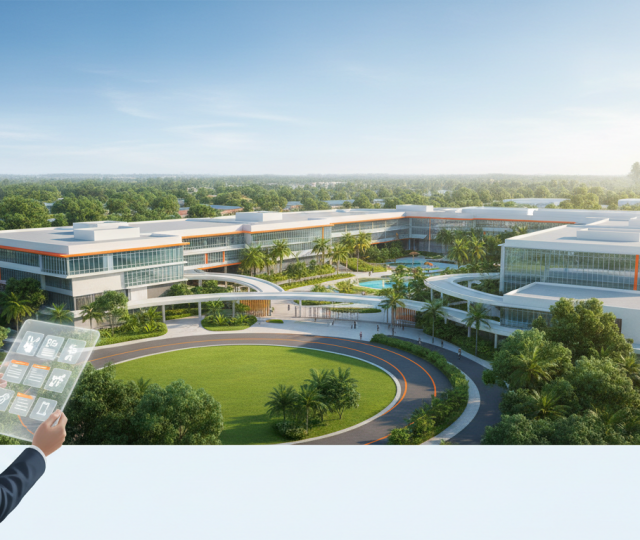 Aerial view of Singapore school campus with lush greenery, modern buildings, parent with digital tablet.