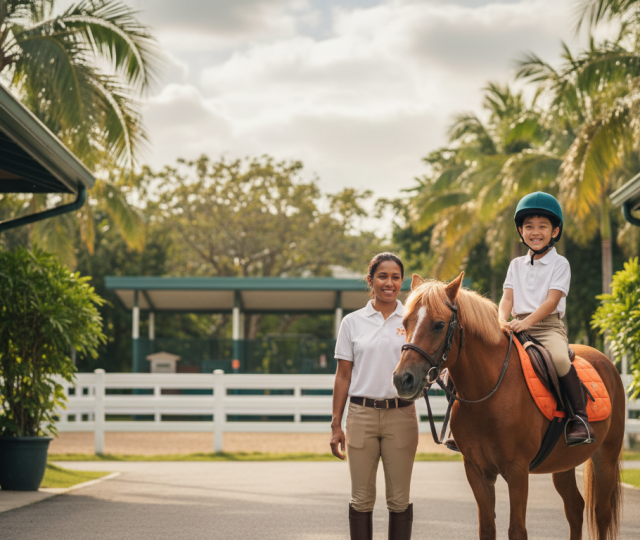 Asian child joyfully riding pony in lush Singapore stable, guided by instructor.