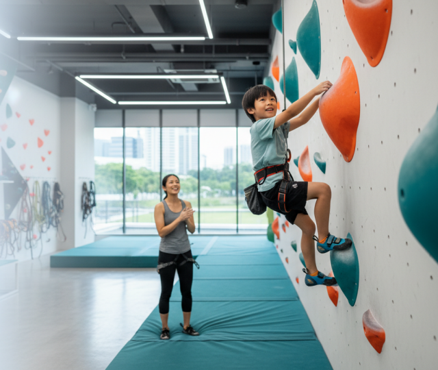 Asian child rock climbing in Singapore gym; parent watches, teal-orange colors, warm lighting.