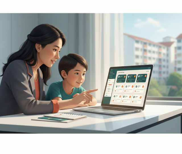 Asian mother and child explore school portal at desk, warm afternoon light, Singapore view.