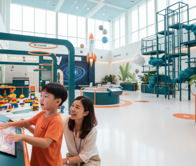 Child and parent exploring STEM exhibit at vibrant science center.
