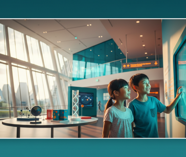 Children explore glowing science exhibit in modern Singapore museum.