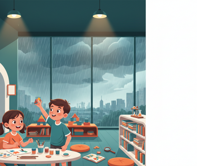 Children painting and building indoors during a Singapore rainstorm, cozy and educational setting.