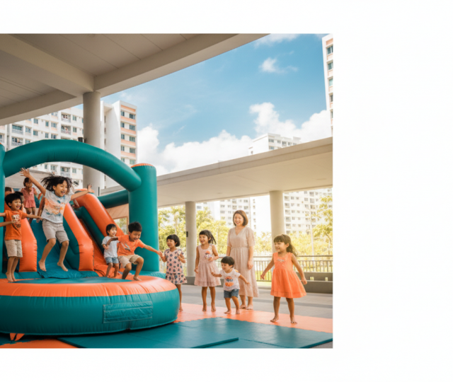 Children playing on colorful inflatables at a Singapore estate with HDB towers in the background.