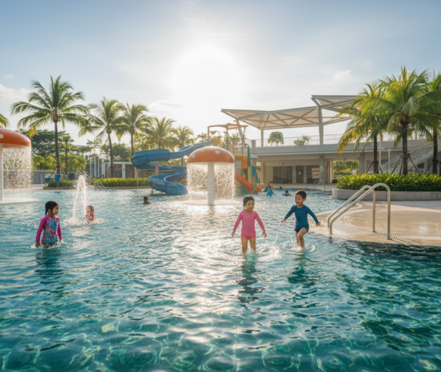 Children splash in a sunny Singapore pool with water jets and colorful fountains.