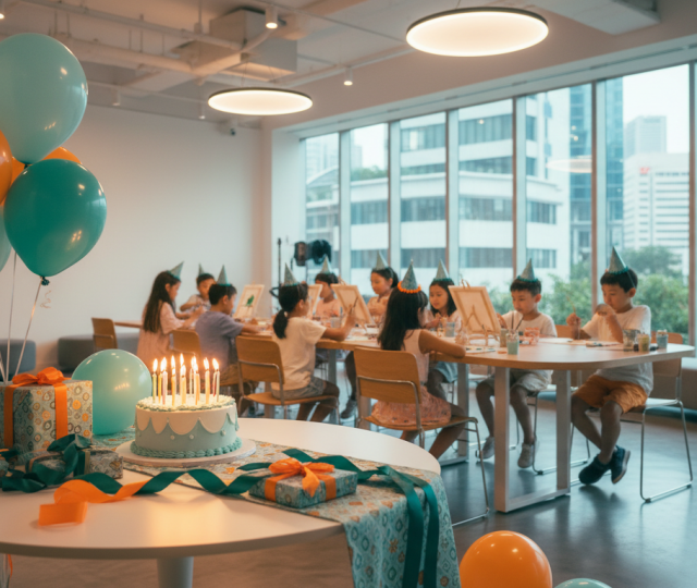 Children's birthday party in Singapore with cake, balloons, and painting activity.