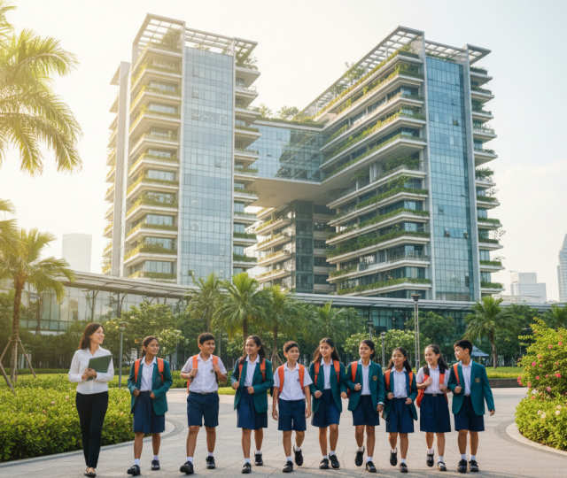 Diverse students in uniforms walk across lush Singapore campus with modern school building.