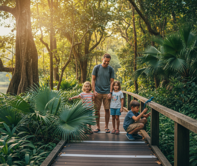 Family exploring lush Singapore boardwalk, kids fascinated by rainforest flora and fauna in warm sunlight.