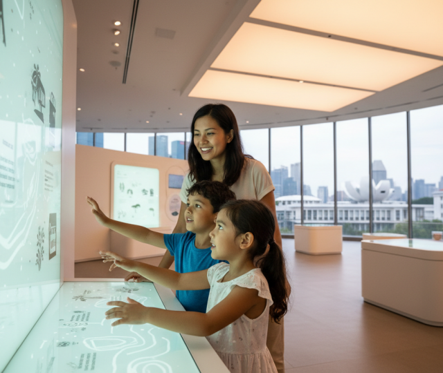 Joyful parent and children explore glowing science exhibit in Singapore museum.