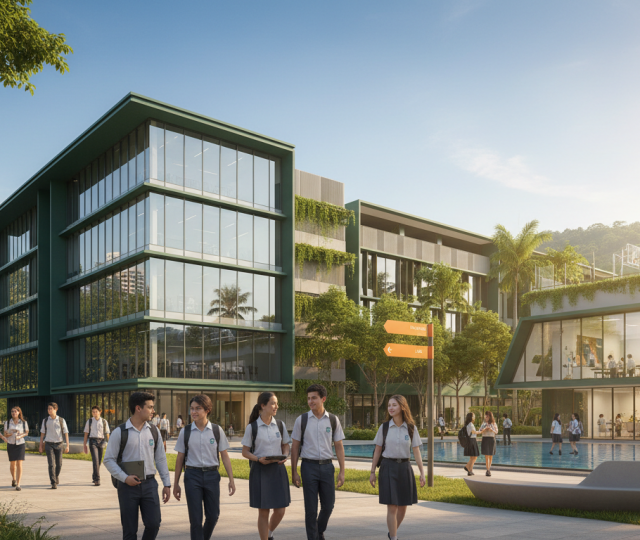Modern Singapore school campus with glass building, diverse students, and tropical greenery.