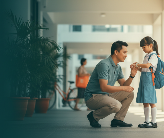 Parent and child connect over a wearable device in Singaporean urban setting, warm afternoon light.