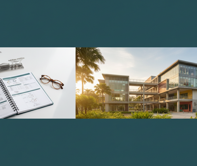 Singapore British school at golden hour; planner, skyline, glasses in foreground, modern campus in background.