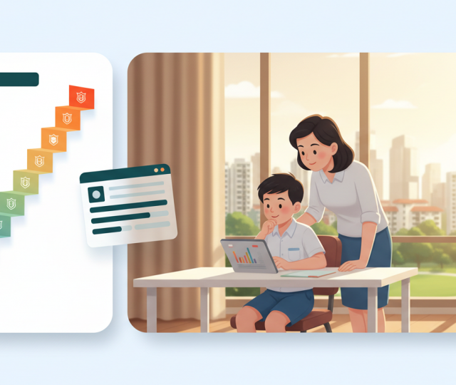 Singaporean child and parent review tablet at desk; achievement ladder and urban view in background.