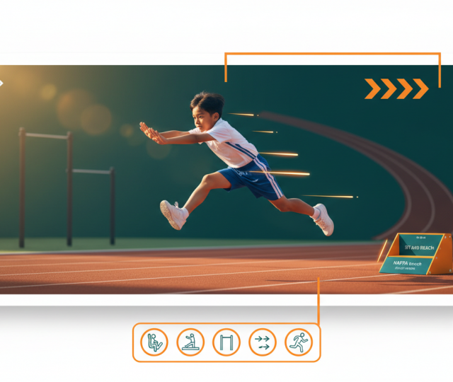 Singaporean child in PE uniform performs a broad jump in a school sports hall, morning light, NAPFA icons.