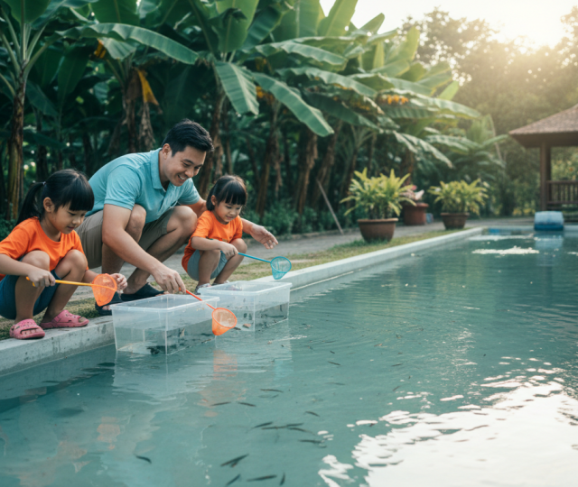 Singaporean family enjoying longkang fishing at a pond with lush greenery.