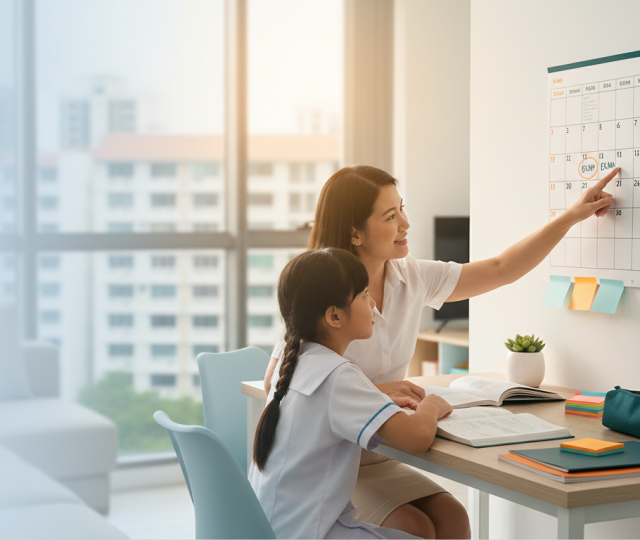 Singaporean mother and child study exam dates at a modern desk, warm light, cityscape backdrop.