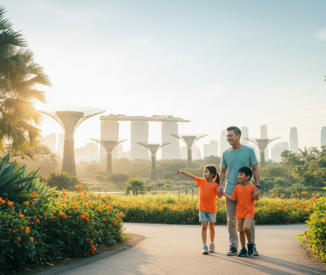 Southeast Asian family with two children explores a sunlit tropical park in Singapore, Supertree Grove in background.