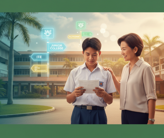 Student in uniform holds results slip with parent in Singapore school, pathways glow in background.