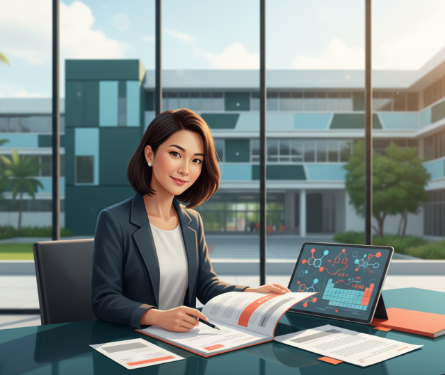 Asian mother reviews school brochure at modern Singapore campus desk, STEM icons on tablet.