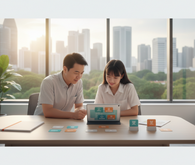 Asian parent and teen at desk reviewing educational material in modern Singapore setting.