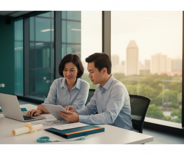 Focused young adult learning beside supportive parent in modern Singapore office.