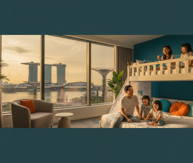 Happy Asian family enjoying a luxury hotel staycation in Singapore with city skyline view.