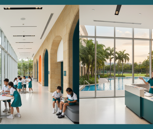 Modern British school in Singapore with diverse students learning in a bright corridor.