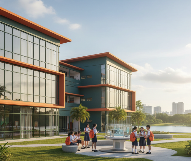 Modern international school campus with glass facade, lush courtyard, diverse students, Singapore skyline.
