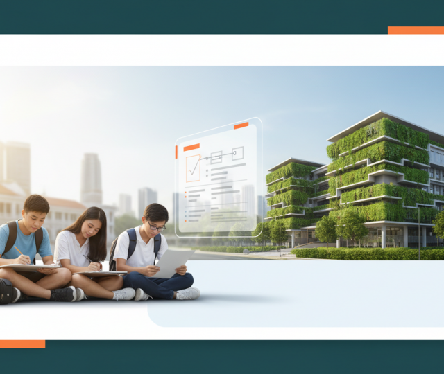 Modern Singapore arts school with green facade; students engaged in creative activities.