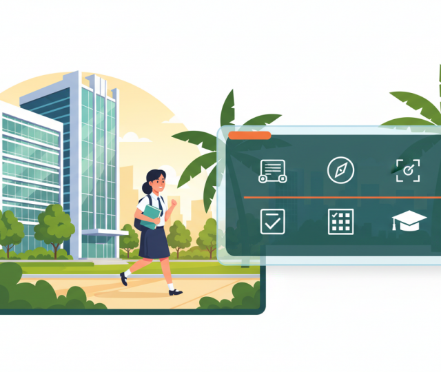 Modern Singaporean college campus at golden hour with a student and UI panel.